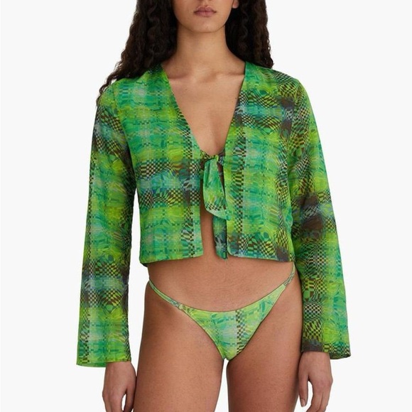 Paloma Wool Selena Top Green Plaid Tie Long Sleeve - Picture 1 of 6